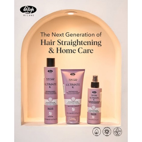 Lisap Top Care Ultimate K Изправяща терапия за непокорна и чуплива коса за домашна употреба (шампоан 250ml + маска 200ml + спрей 250ml)